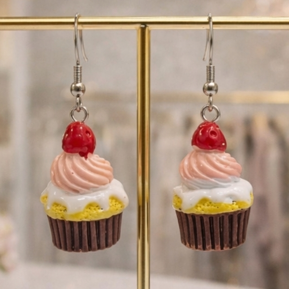 Handmade Cupcake Earrings Strawberry Topped Frosting | Y2K Novelty Jewelry - Picture 2 of 4